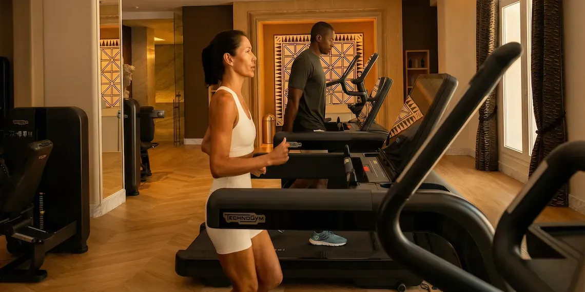man en vrouw op loopband in een luxe sportschool