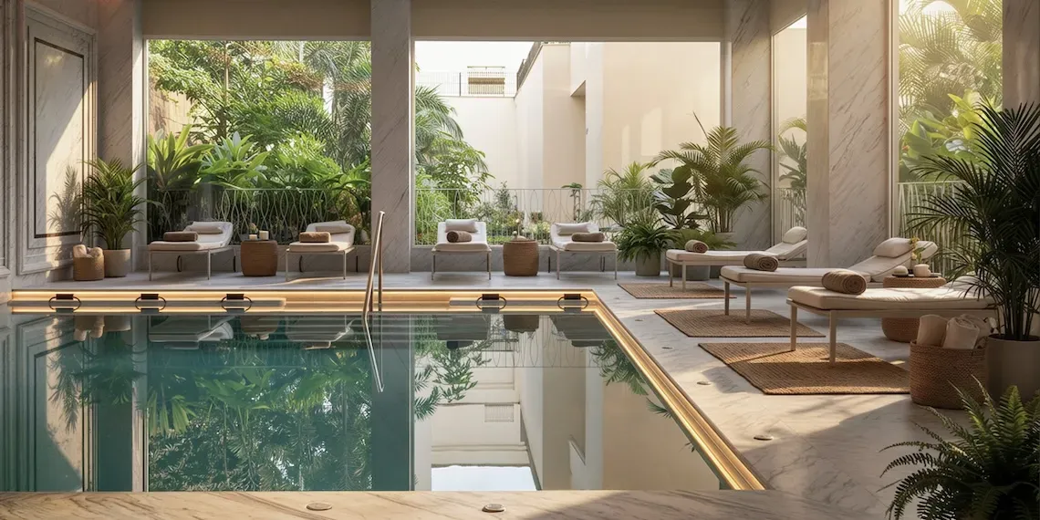 spa met zwembad en loungebedden